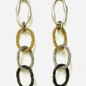 A pair of E2076 earrings with black, gold, and silver beads.