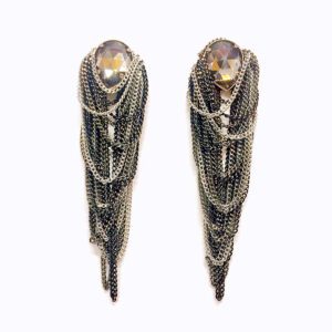 A pair of E2075 earrings with chains and crystals.