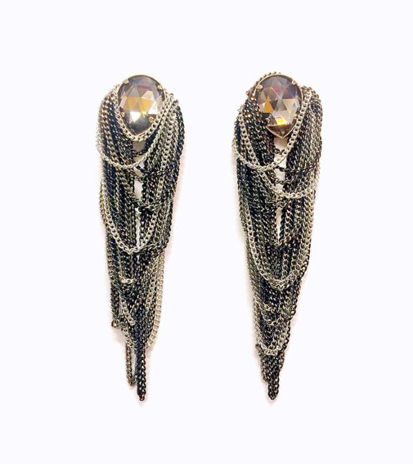 A pair of E2075 earrings with chains and crystals.