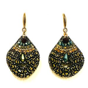 A pair of E2074 earrings with green and gold beads.