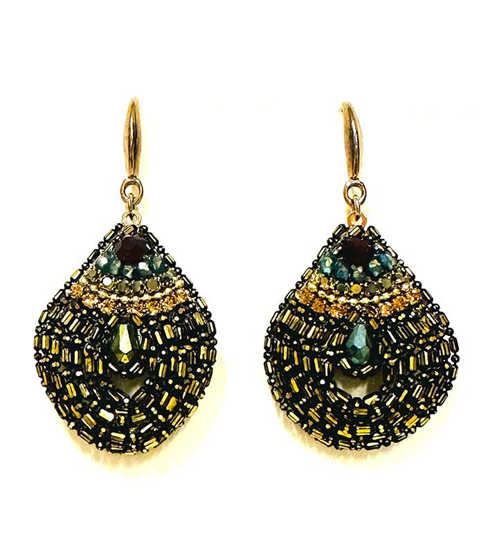 A pair of E2074 earrings with green and gold beads.