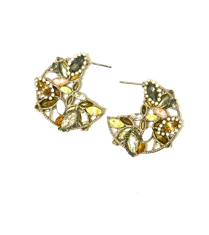 A pair of E2071 earrings with rhinestones and leaves.