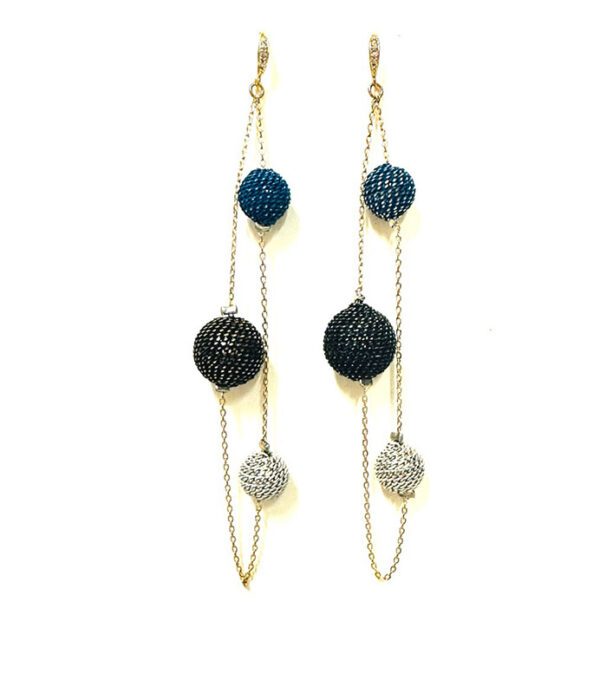 A pair of E2068 (Multi) earrings with black, blue and gold beads.