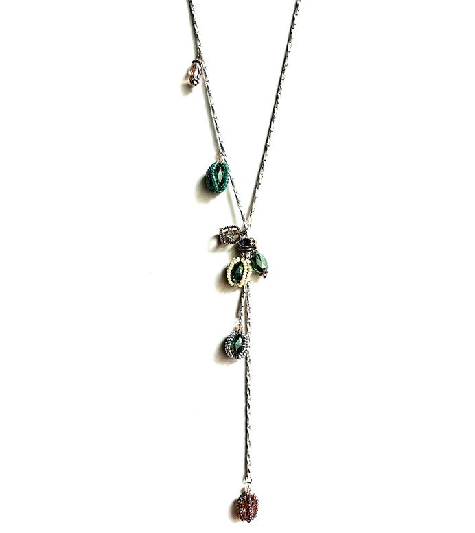 A long NK8894 necklace with green and black beads.