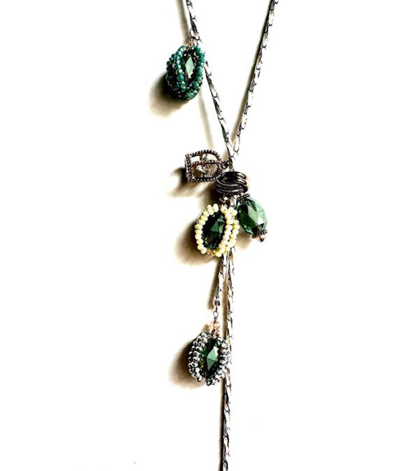 A necklace NK8894 with green beads and silver charms.