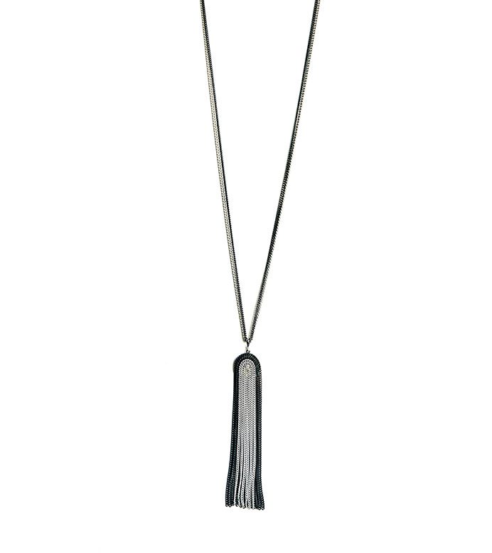 A NK8636(Black & White) tassel necklace on a white background.