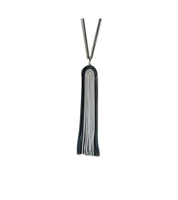 A black and silver NK8636(Black & White) tassel necklace on a white background.