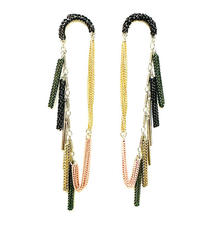 A pair of E2027 earrings with black, gold, and green beads.