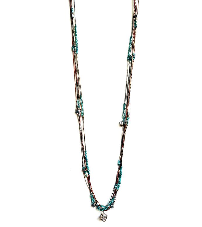 A long necklace with NK5961 (Multi / Dark) beads and a silver charm.