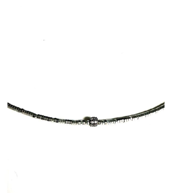 A black and silver NK5115 necklace with a diamond bead.