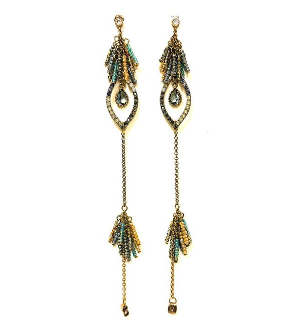 A pair of E2021 earrings with turquoise beads.