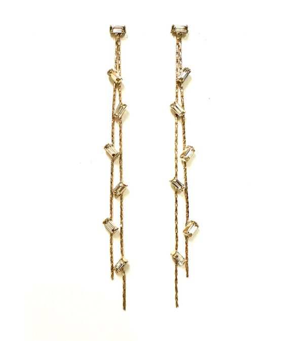 A pair of E2019 (Clear) dangling earrings with white stones.