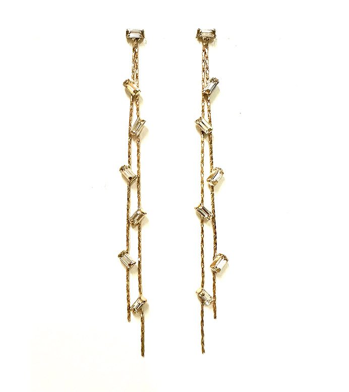 A pair of E2019 (Clear) dangling earrings with white stones.