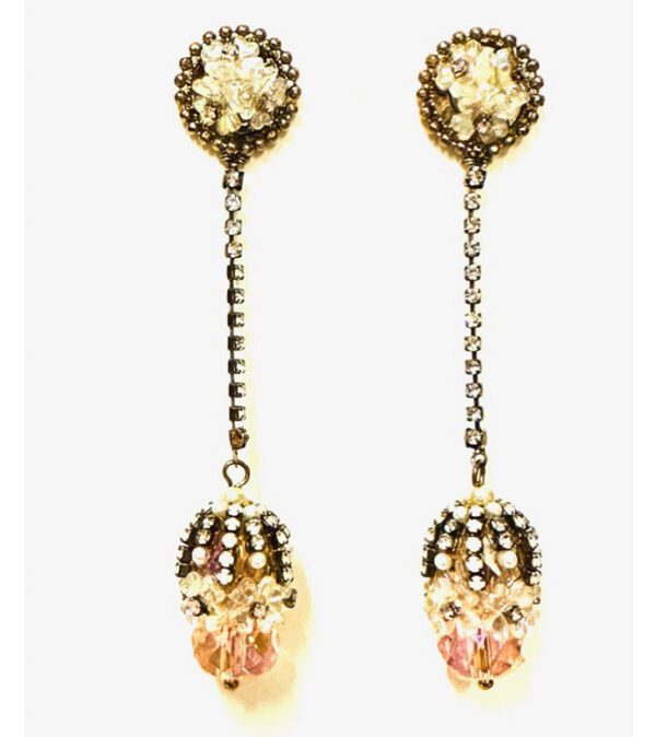 A pair of E2018 earrings with pink crystals.