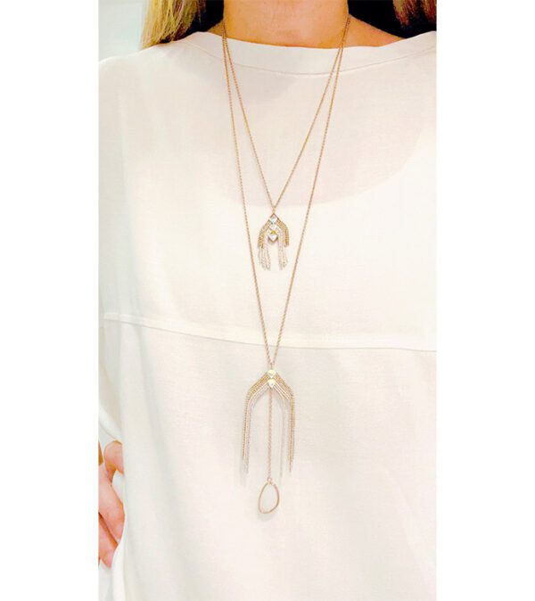 A woman wearing a white top and a NK4581(White Opal) necklace.