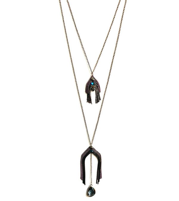 Two long NK4581 (Dark Berries) necklaces with a blue stone on them.