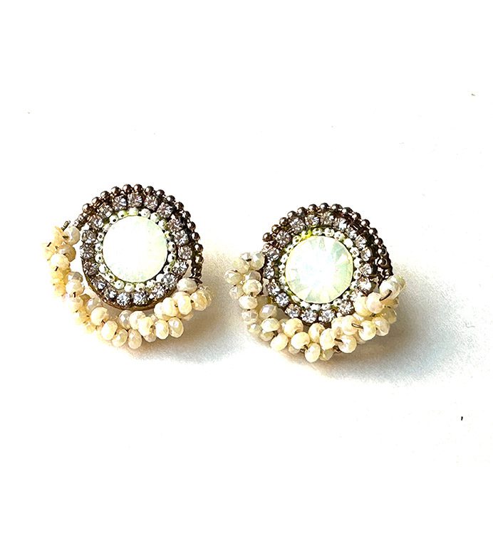 A pair of beaded earrings with E933 (Opal White) and E933 (Opal White).