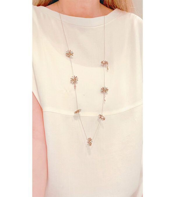 A woman wearing a white top and the NK4570 (Pastel) necklace.