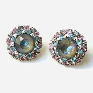 A pair of E0753 earrings with blue, pink and green crystals.