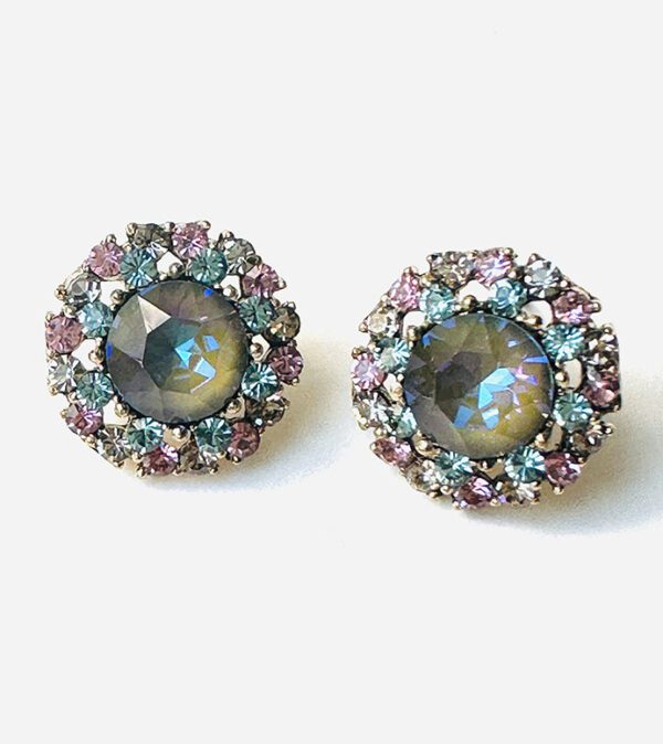 A pair of E0753 earrings with blue, pink and green crystals.