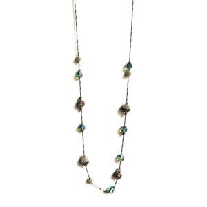 A NK2072(Smokey) necklace with blue and green beads.