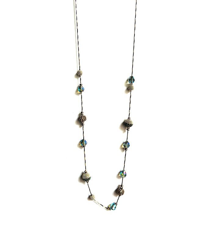 A NK2072(Smokey) necklace with blue and green beads.