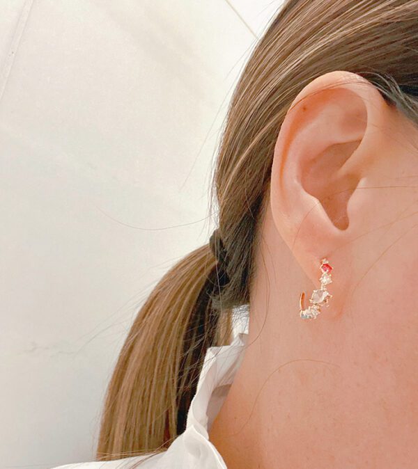 A woman wearing a white shirt and a pair of E0736 earrings.