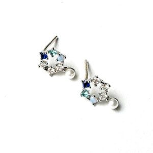 A pair of E0735 earrings with blue and white crystals and pearls.