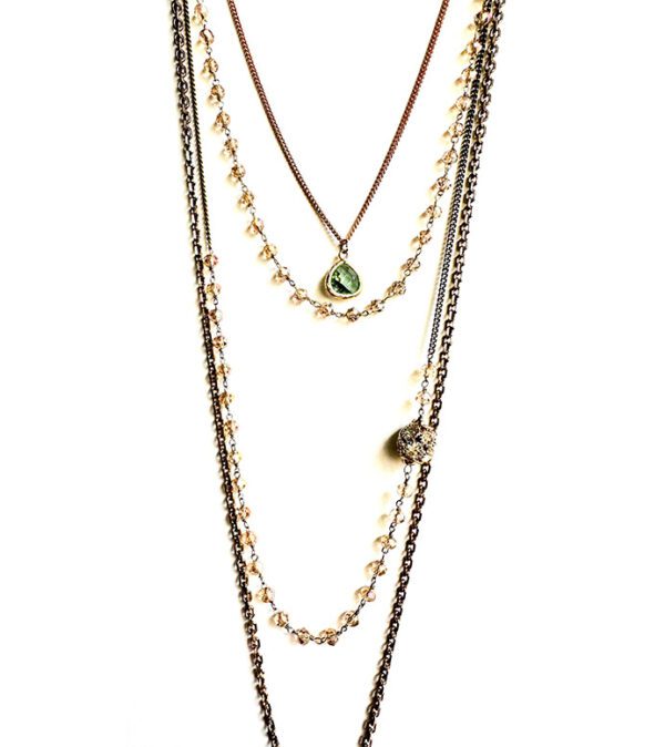 A layered necklace with a green stone and gold chain, the NK0774.