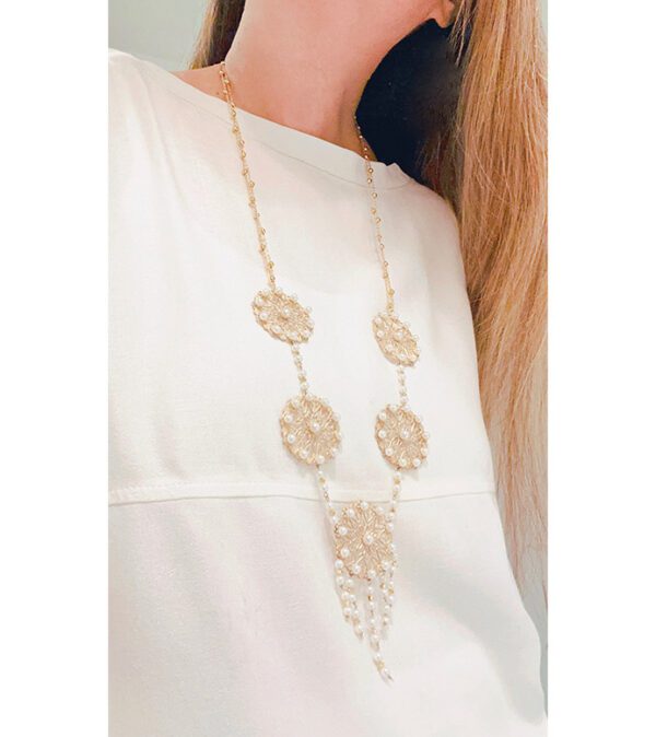 A woman wearing a white top and a NK0628 necklace.