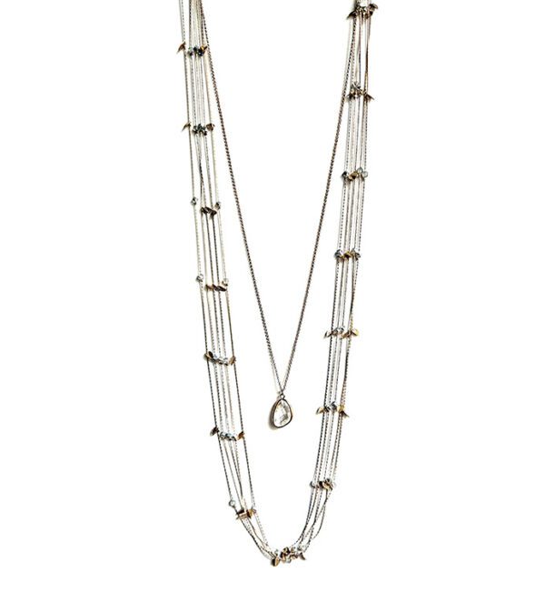 A NK333 necklace with silver beads and a pendant.