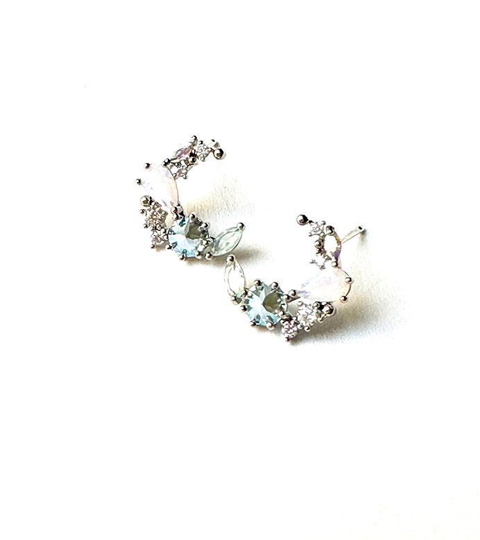 A pair of E0729 earrings with blue and white stones.