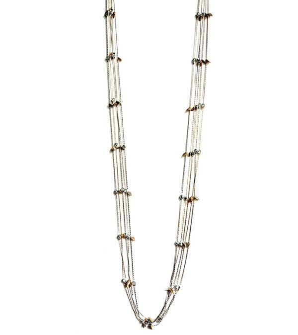 A long NK333 necklace with silver and gold beads.