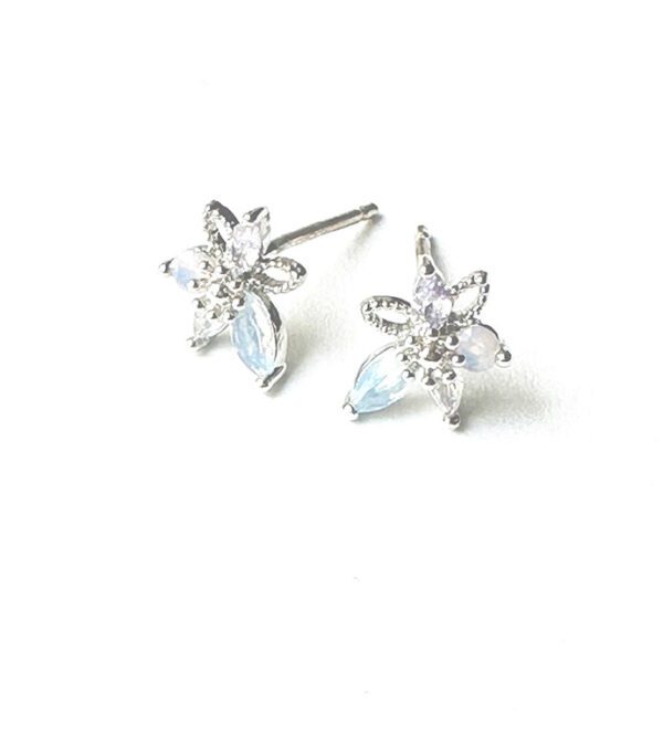 A pair of E0725 sterling silver stud earrings with blue and white stones.