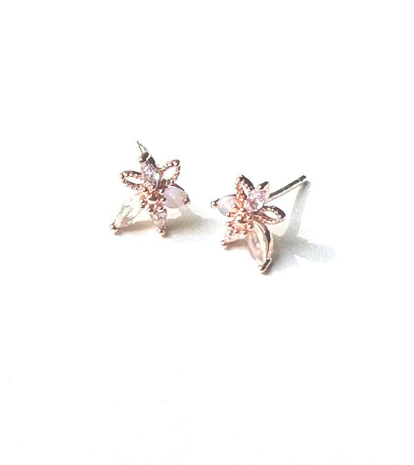 A pair of E0725 stud earrings with pink flowers on a white surface.