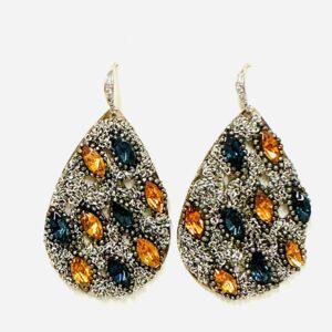 A pair of E202 earrings with blue and orange stones.