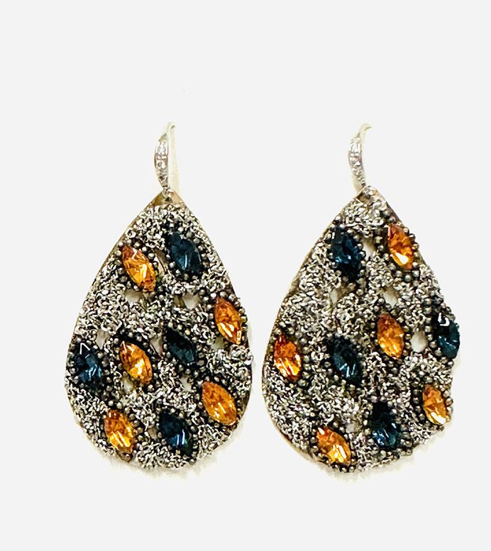 A pair of E202 earrings with blue and orange stones.