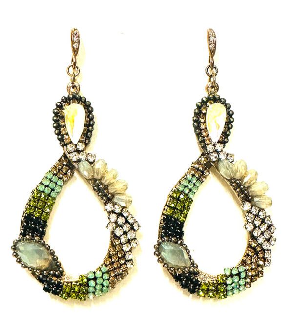 A pair of E201 earrings with green and gold beads.