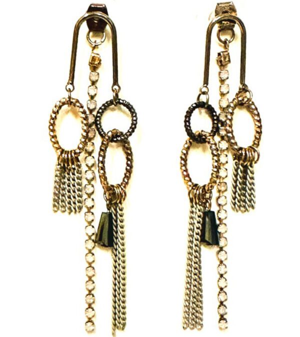 A pair of E198 earrings with chains and tassels.