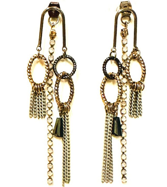 A pair of E198 earrings with chains and tassels.