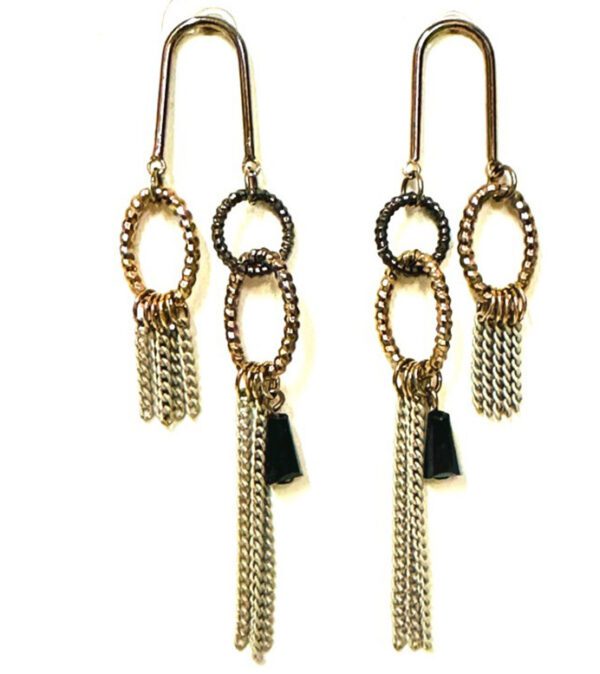 A pair of E198 earrings with chains and tassels.