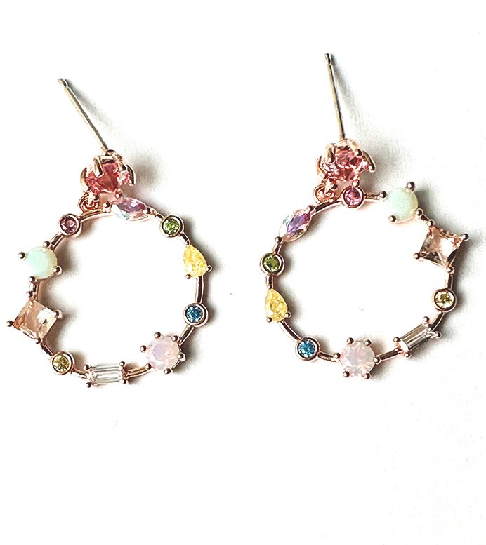 A pair of colorful hoop earrings with multi colored stones, the E24813.