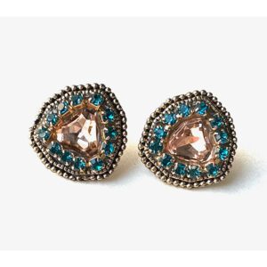 A pair of E9192 (Golden Shadow) earrings with blue and pink stones.