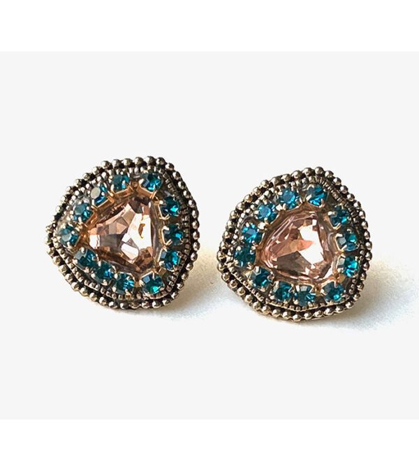 A pair of E9192 (Golden Shadow) earrings with blue and pink stones.