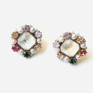 A pair of E9125 (White Opal) earrings with colorful stones and pearls.