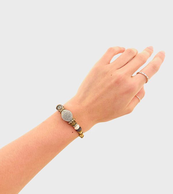 A woman's hand with a B3203 bracelet on it.