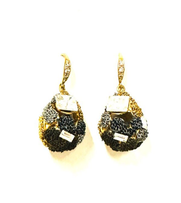 A pair of E8826 earrings with black and white stones.