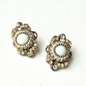 A pair of earrings with E8541 (Green) stones and rhinestones.