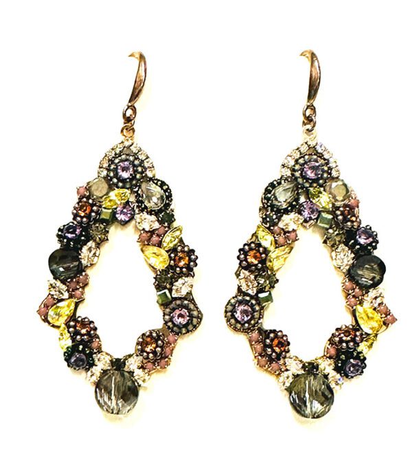 A pair of E5002 earrings with multi colored stones and crystals.