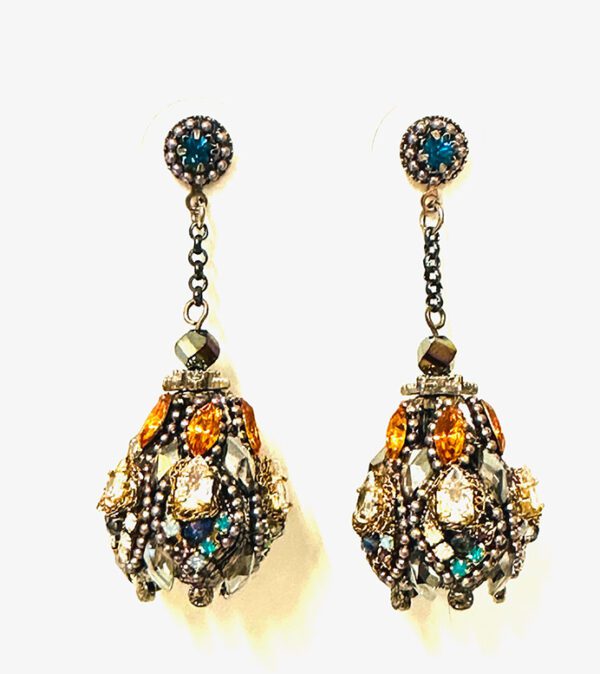 A pair of E4140 earrings with blue and orange crystals.